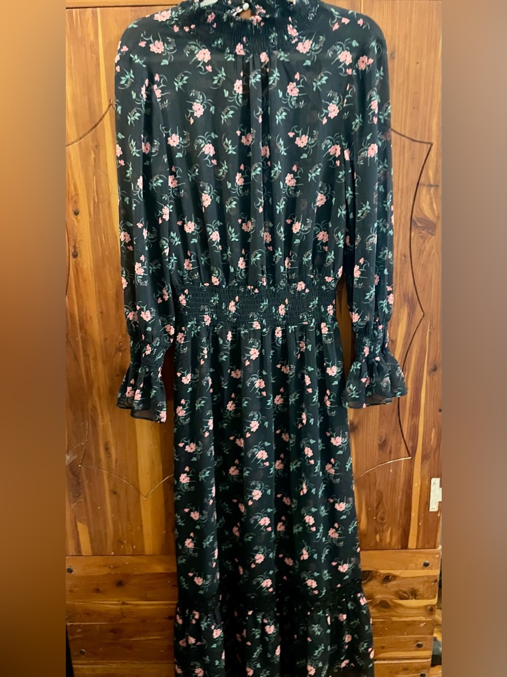 Vintage English Factory Black Floral Long-Sleeve Maxi Dress
